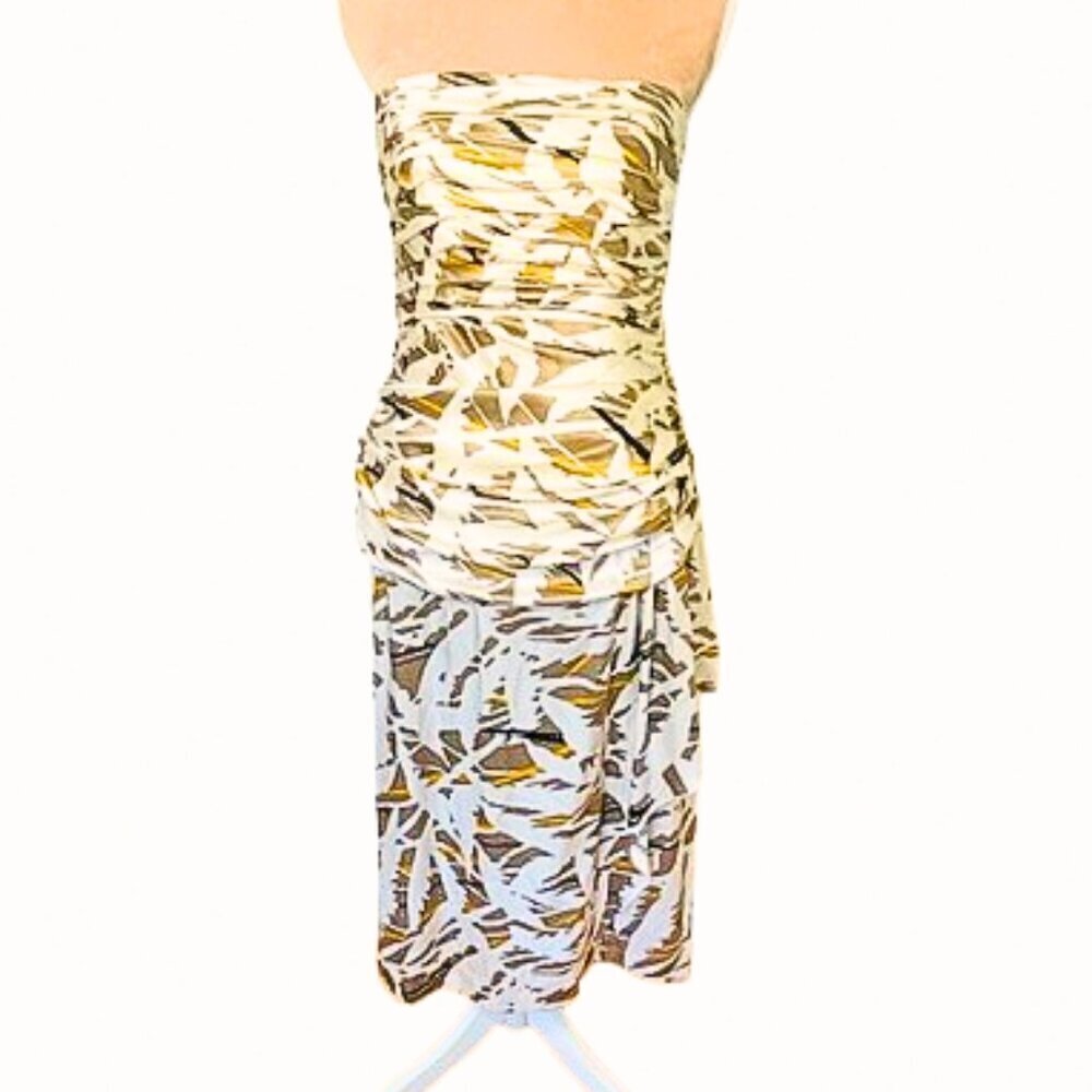 Oleg Cassini Vintage 100% Silk Satin Abstract Animal Print Ruched Midi Dress S